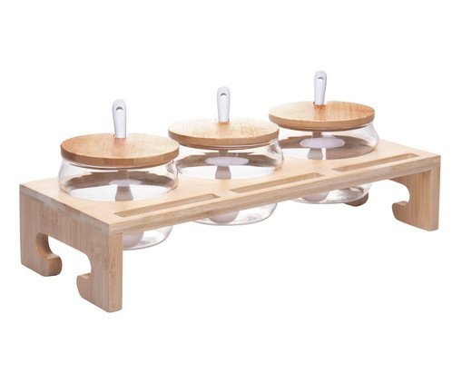 Jogo de Porta Temperos e Suporte de Bambu