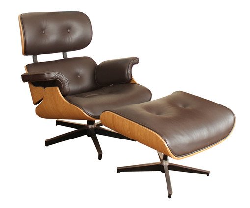 Poltrona e Pufe em Couro Legítimo Charles Eames - Marrom e Jacarandá