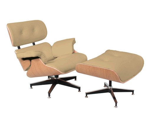 Poltrona e Pufe em Couro Charles Eames - Areia e Jacarandá