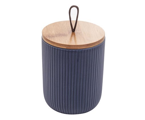 Pote Decorativo com Tampa em Bambu Lines Azul Marinho