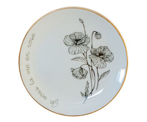 Prato em Porcelana La Vie En Rose Brancoe Preto e Dourado - 21X21X2cm