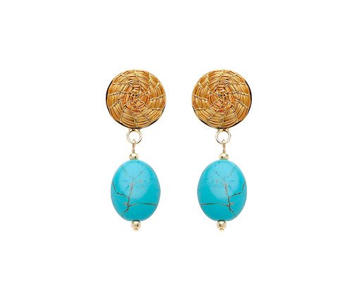 Brinco Capim Dourado e Pedra Turquesa Banhado à Ouro 18K
