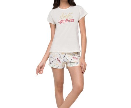 Pijama Manga Curta Feminino Harry Potter com Estampa Metalizada