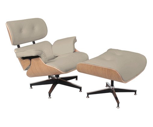 Poltrona e Pufe em Couro Legítimo Charles Eames - Pérola e Mel