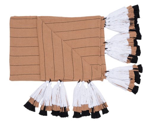Manta para Sofá com Tassel Tri Tribo - Bege e Branca