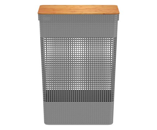 Cesto de Roupas com Tampa em Bambu Grid Cinza