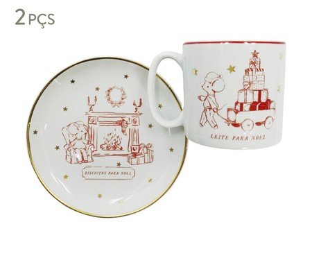 Jogo de Prato e Caneca Noel em Porcelana Branca