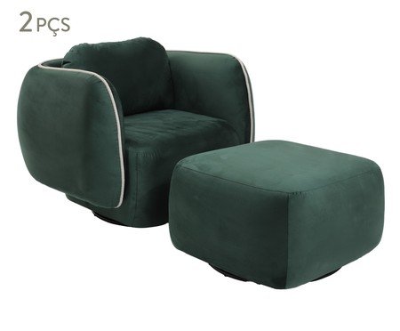 Poltrona Giratória com Puff Giratório Goma em Veludo Verde