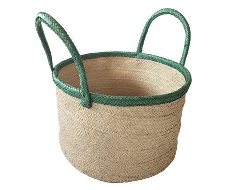 Cesto Redondo em Palha Natural Alça Verde | Westwing