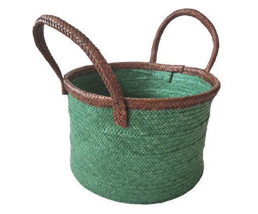 Cesto Redondo em Palha Verde Alça Marrom, Natural | WestwingNow