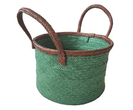 Cesto Redondo em Palha Verde Alça Marrom | Westwing