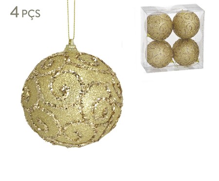 Jogo de Bolas de Natal Decoradas com Relevo - Dourado Brilhante