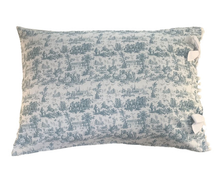 Fronha Estampa Toile de Jouy Azul Anis com Laços e Pompons