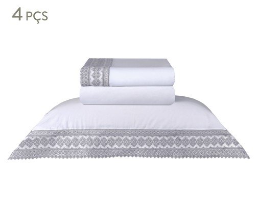 Jogo de Lençol Acetinado Bordado Mini Check Branco 300 Fios, multicolor | WestwingNow