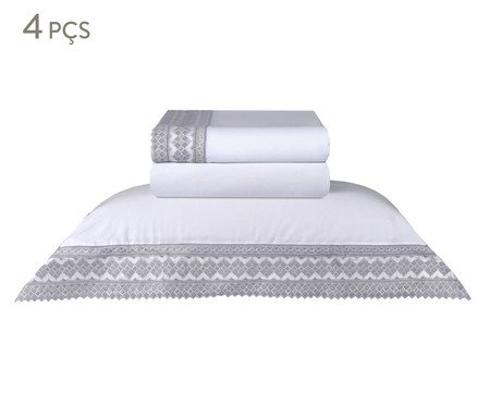 Jogo de Lençol Acetinado Bordado Mini Check Branco 300 Fios | Westwing