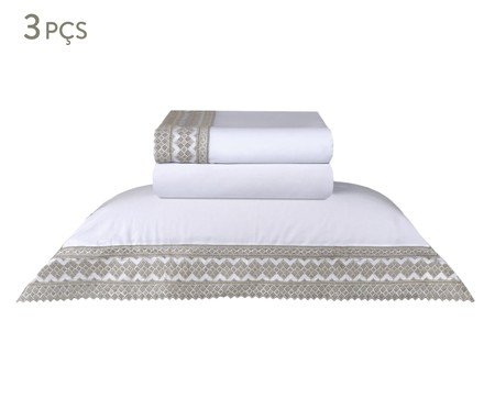 Jogo de Lençol Acetinado Bordado Mini Check Branco e Fendi 300 Fios | Westwing