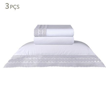 Jogo de Lençol Acetinado Bordado Mini Check Branco e Fendi 300 Fios
