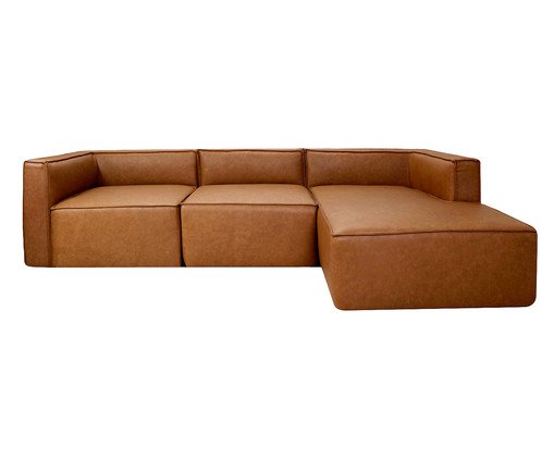 Sofá 3 Módulos Chaise Direito Mensa em Couro Caramelo, beige | WestwingNow