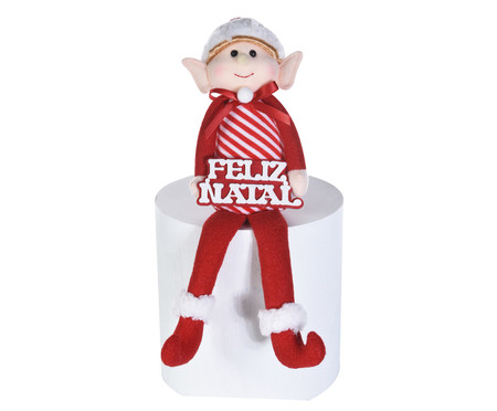 Adorno Elfo Sentado com Placa Feliz Natal  - Vermelho