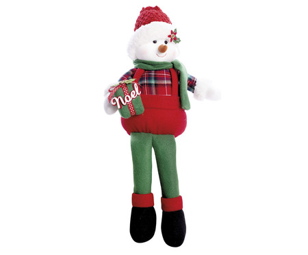 Boneco de Neve Sentado com Presente Xadrez  - Vermelho