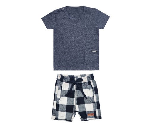 Conjunto Shorts Xadrez e Camiseta Mescla Cinza e Marinho, Colorido | WestwingNow