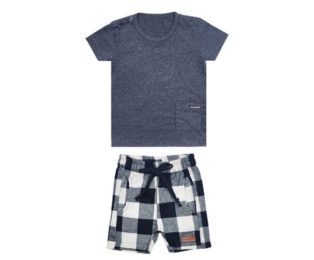 Conjunto Shorts Xadrez e Camiseta Mescla Cinza e Marinho
