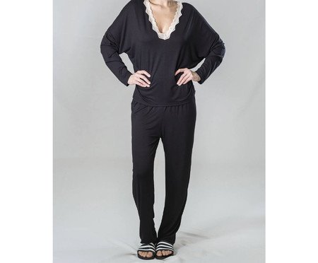 Conjunto Pijama Longo com Renda Sweet Preto | Westwing