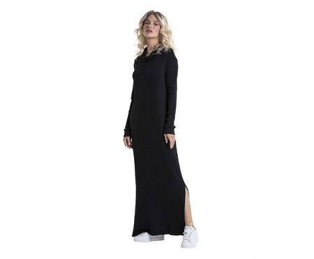 Vestido Longo Gola Canelado Tricot Preto