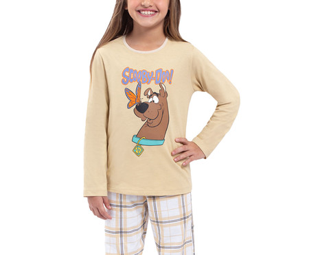 Pijama Manga Longa Infantil Xadrez Scooby Bege