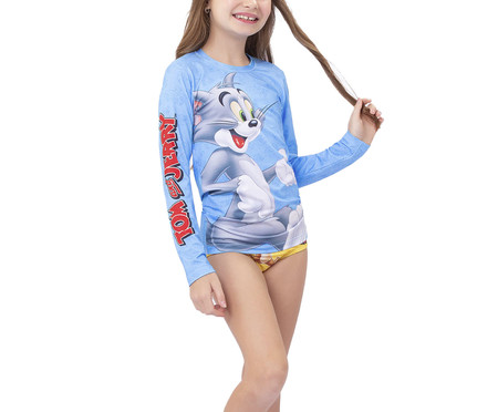 Blusa Manga Longa Unissex Azul com Proteção Uv 50+ Tom And Jerry