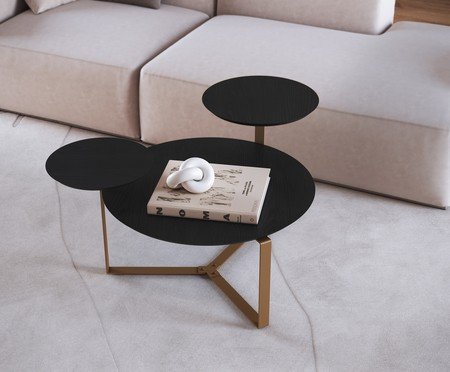 Mesa de Centro Três Tampos Chanfrada Orgânica Nero e Dourado | Westwing
