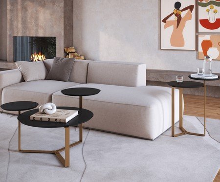 Mesa de Centro Três Tampos Chanfrada Orgânica Nero e Dourado | Westwing