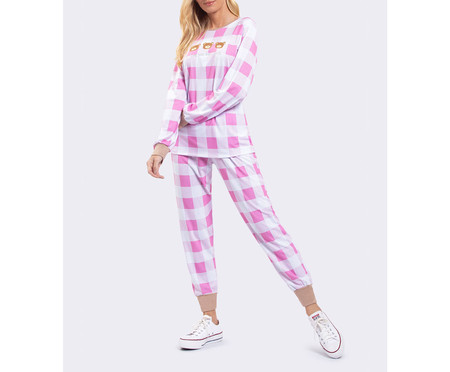 Pijama Manga Longa com Calça Jogger Xadrez Rosa Rosa | WestwingNow