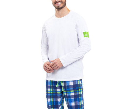 Pijama Manga Longa Adulto Masculino Xadrez Azul Branca