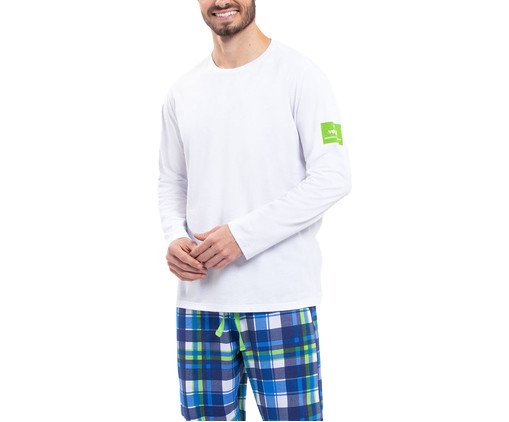 Pijama Manga Longa Adulto Masculino Xadrez Azul Branca, Branco | WestwingNow