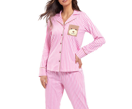 Pijama Manga Longa Aberto Americano Bear Hug Rosa