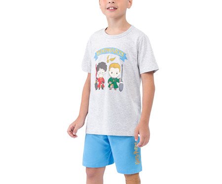 Pijama Manga Curta Masculino Infantil Hogwarts Mescla