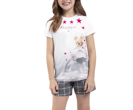 Pijama Manga Curta Infantil Ursinho Astronauta Branco