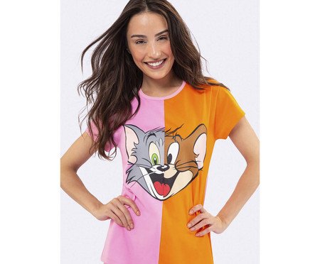 Pijama Manga Curta Laranja e Rosa Tom And Jerry | Westwing