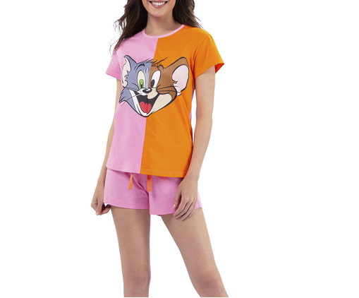 Pijama Manga Curta Laranja e Rosa Tom And Jerry, Colorido | WestwingNow