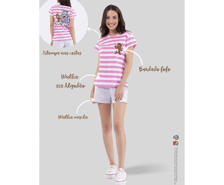 Pijama Manga Curta Listrado Rosa Tom And Jerry | WestwingNow