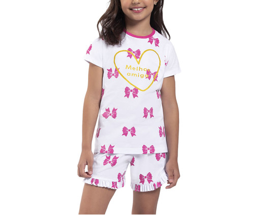 Pijama Manga Curta Infantil com Short de Babados Laços Branco, Colorido | WestwingNow