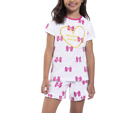 Pijama Manga Curta Infantil com Short de Babados Laços Branco