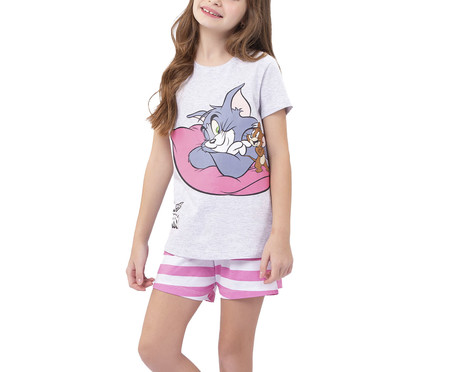 Pijama Manga Curta Infantil Listrado Rosa Tom And Jerry