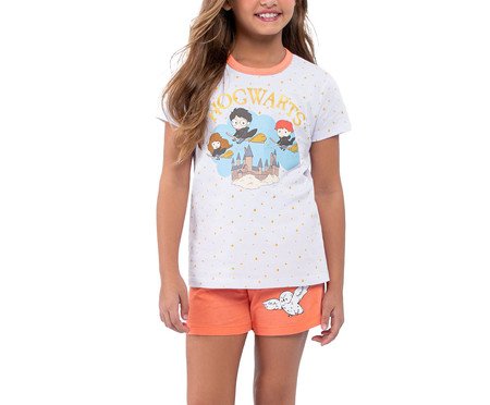 Pijama Manga Curta Infantil Hogwarts Branco