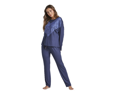 Pijama Longo Renda Azul Marinho