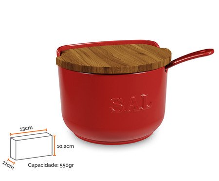 Saleiro de Cerâmica com Colher e Tampa de Madeira Vermelho | Westwing