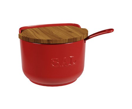 Saleiro de Cerâmica com Colher e Tampa de Madeira Vermelho | Westwing