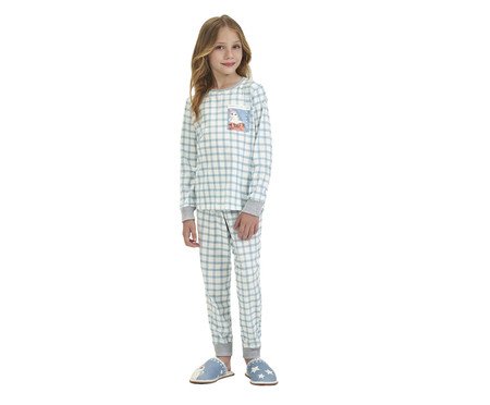 Pijama Manga Longa Infantil Azul Xadrez