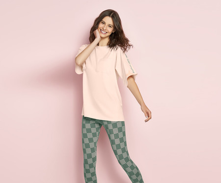 Pijama Manga Curta com Legging Rosa e Verde | WestwingNow